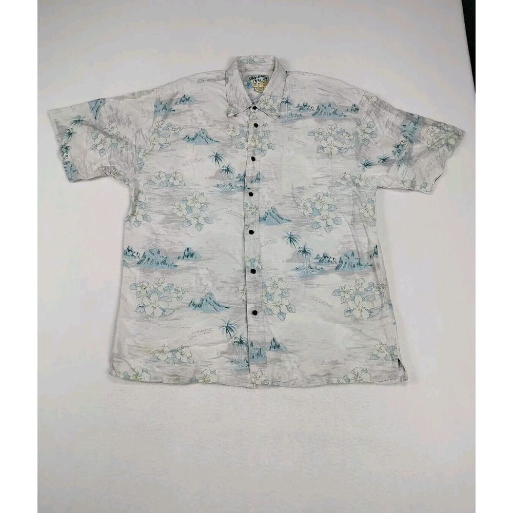 Big Dogs Shirt Mens XL Gray Button Up Hawaiian Tropical Tiki Palm Trees Floral